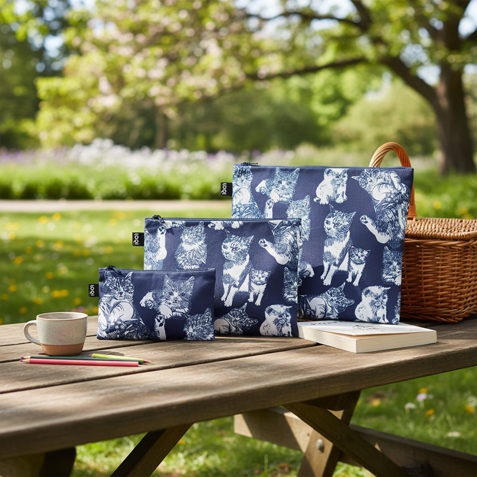 LOQI RED POPPY BEE Cats Recycled Zip Pockets, Travel Pouches