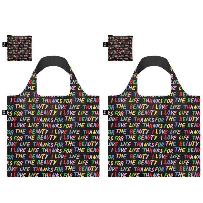 LOQI LOVE LIFE Recycled Reusable Shopping Bag (Set of 2), Black