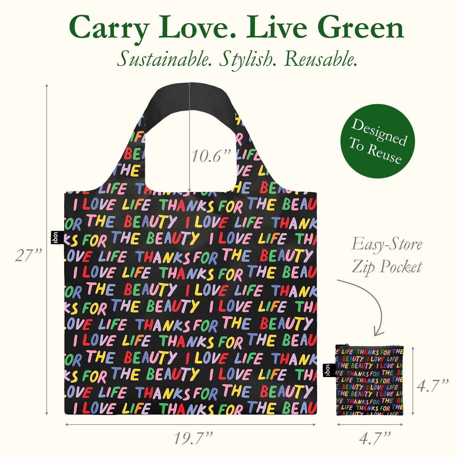 LOQI LOVE LIFE Recycled Reusable Shopping Bag (Set of 2), Black