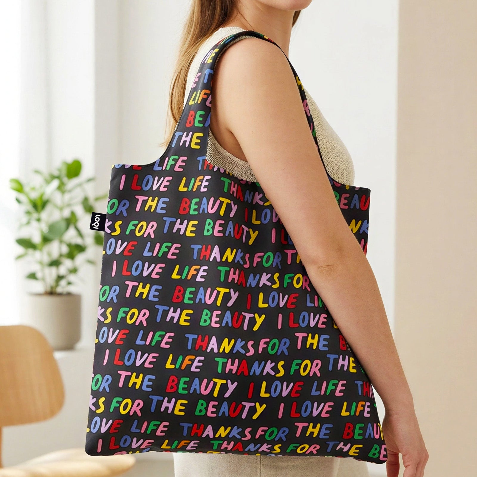 LOQI LOVE LIFE Recycled Reusable Shopping Bag (Set of 2), Black