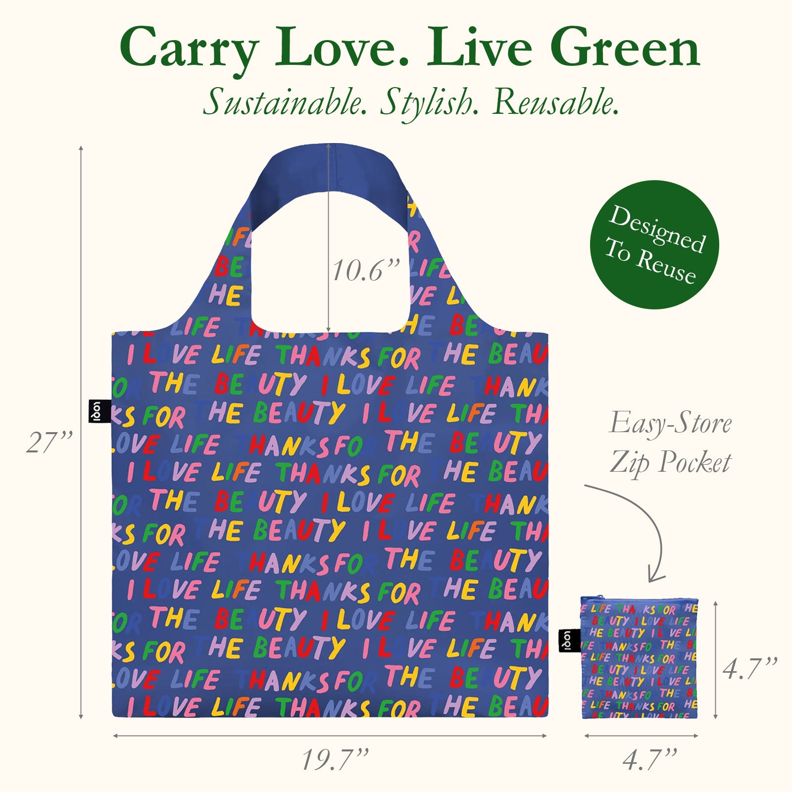 LOQI LOVE LIFE Recycled Reusable Shopping Bag (Set of 2), Blue