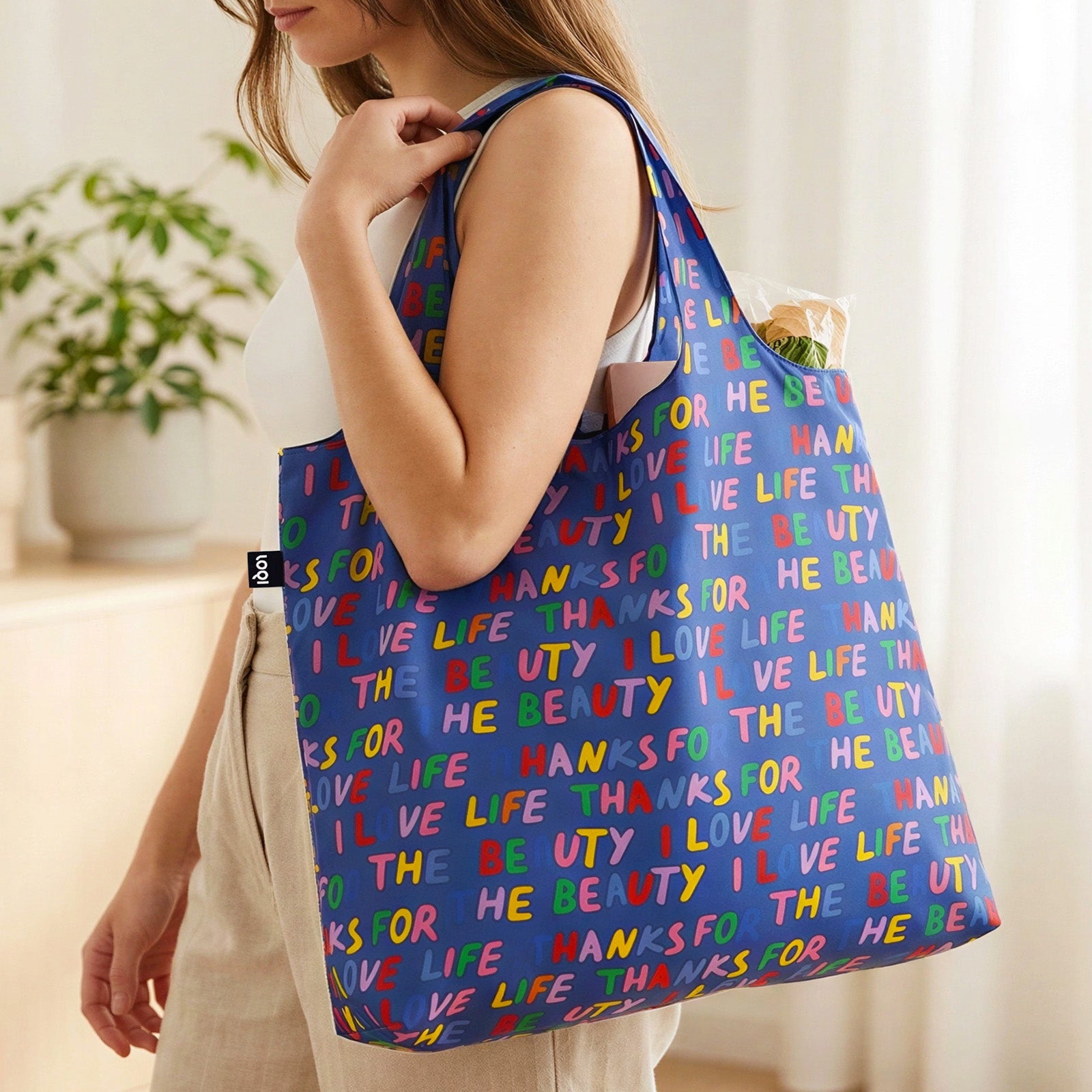 LOQI LOVE LIFE Recycled Reusable Shopping Bag (Set of 2), Blue