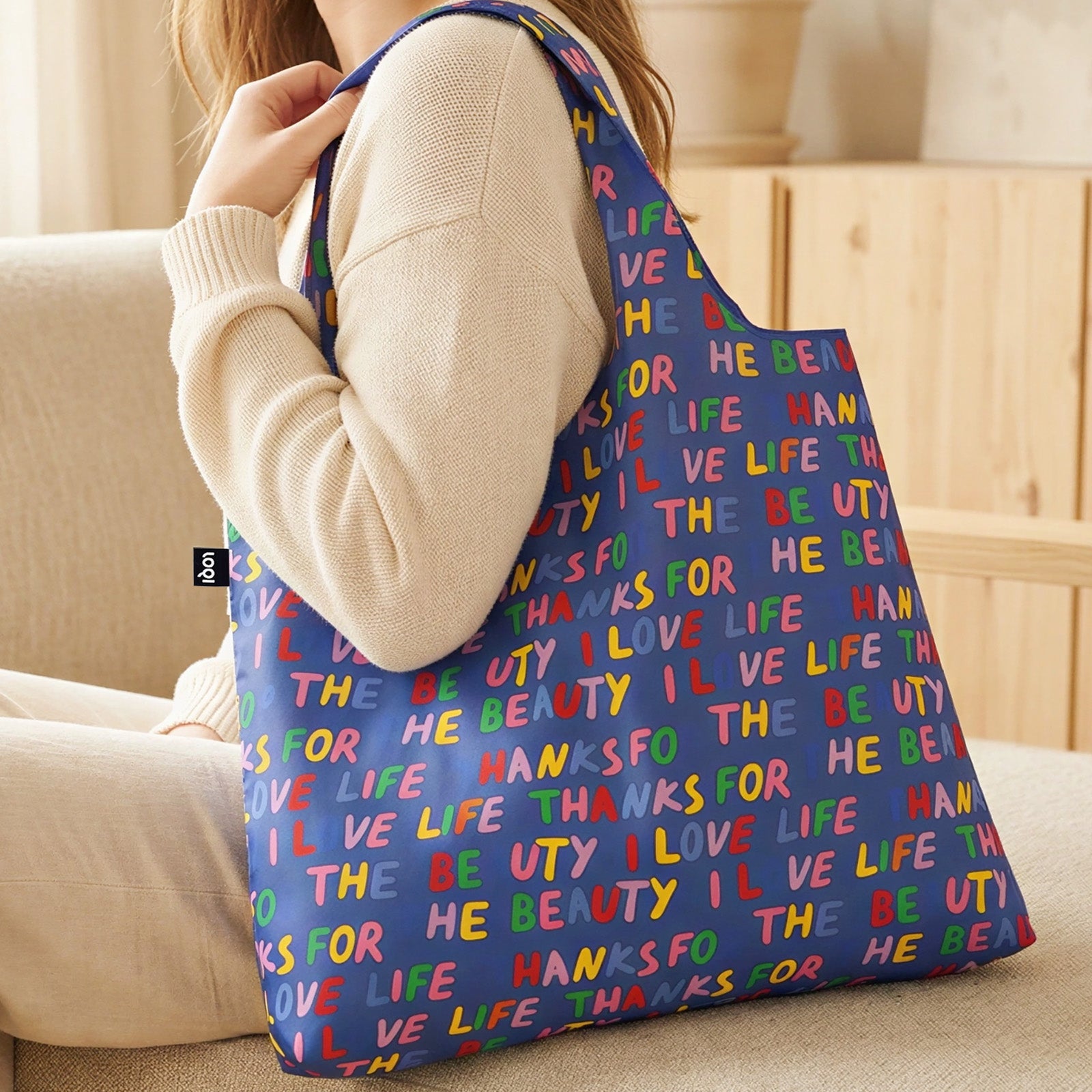 LOQI LOVE LIFE Recycled Reusable Shopping Bag (Set of 2), Blue