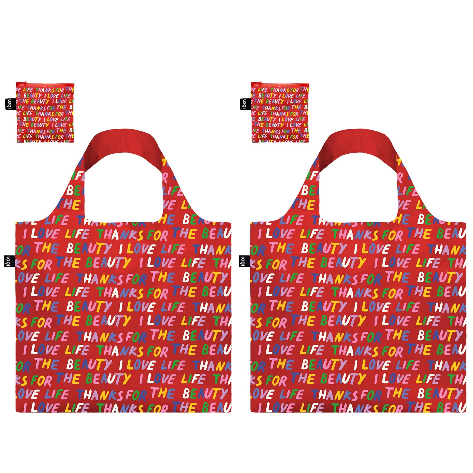 LOQI LOVE LIFE Recycled Reusable Shopping Bag (Set of 2), Red