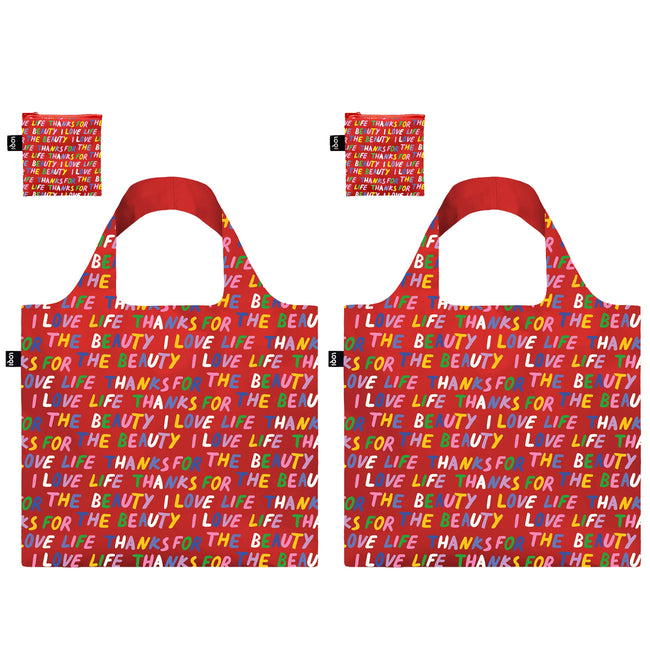 LOQI LOVE LIFE Recycled Reusable Shopping Bag (Set of 2), Red