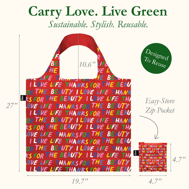 LOQI LOVE LIFE Recycled Reusable Shopping Bag (Set of 2), Red