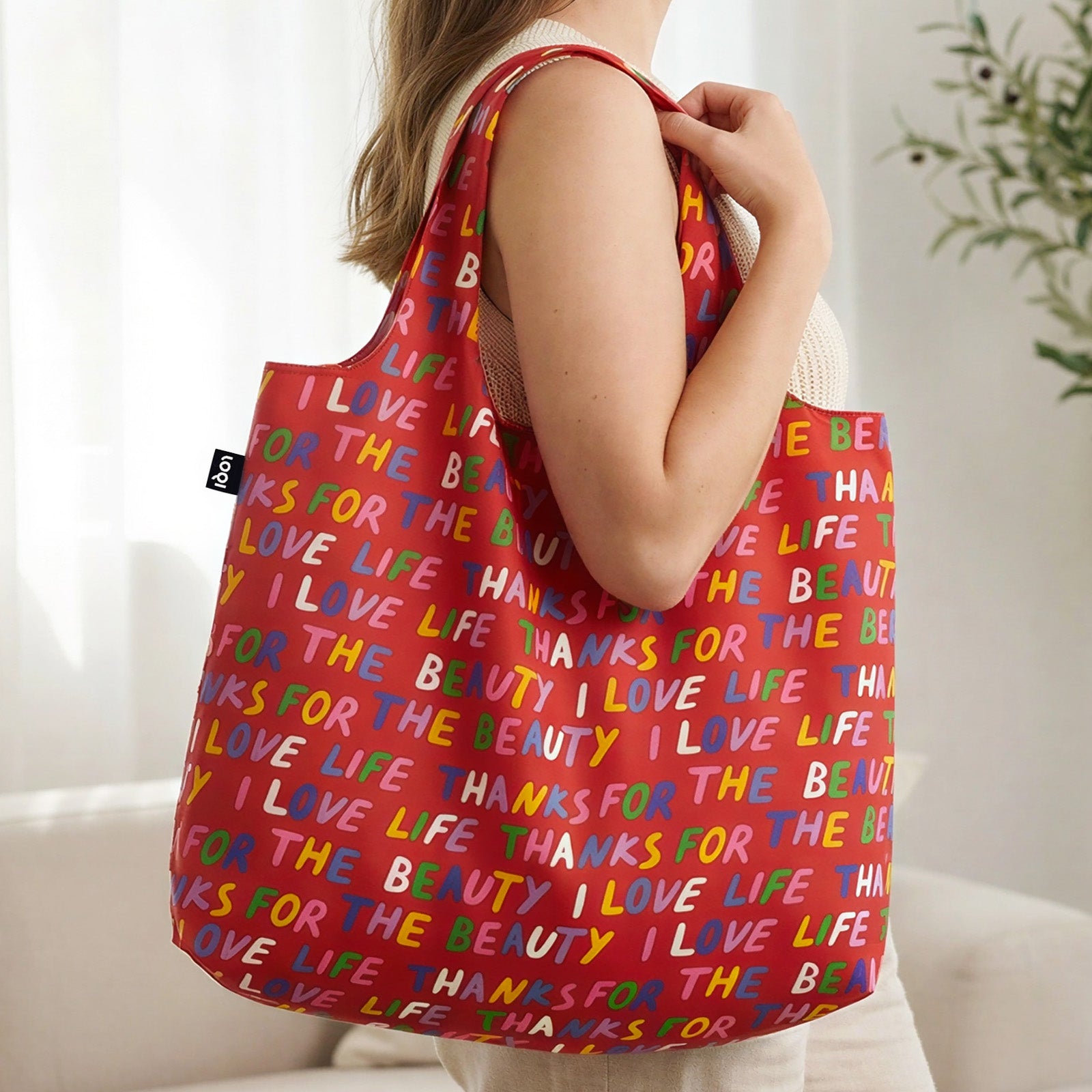 LOQI LOVE LIFE Recycled Reusable Shopping Bag (Set of 2), Red