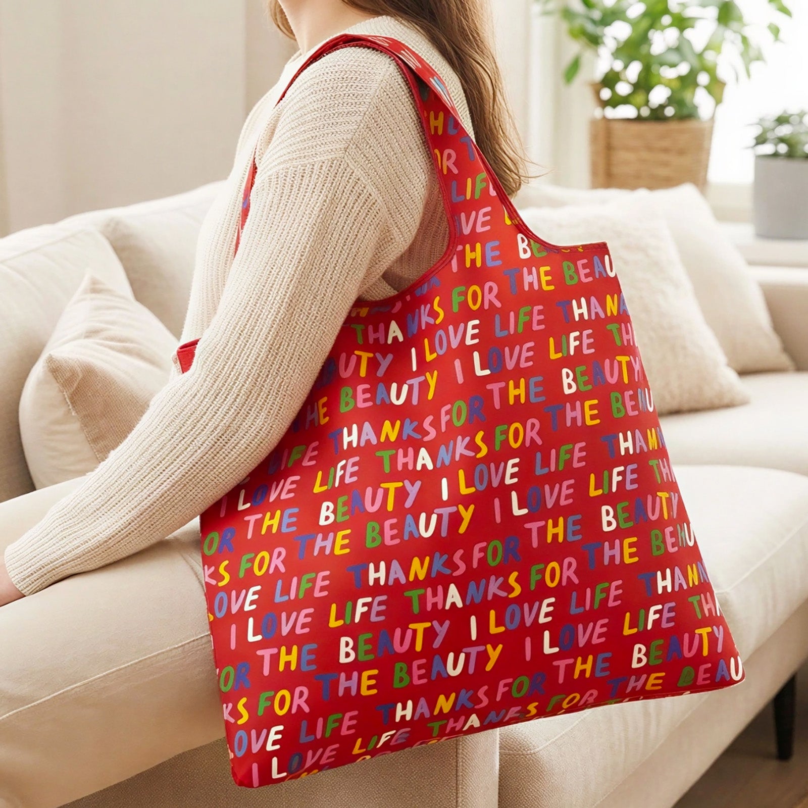 LOQI LOVE LIFE Recycled Reusable Shopping Bag (Set of 2), Red