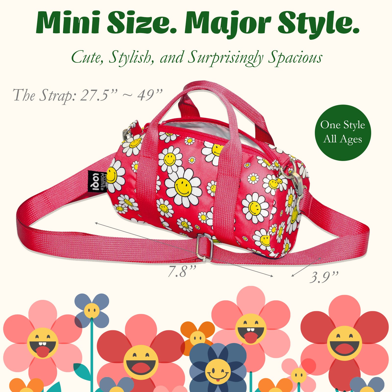 LOQI Girls SMILEY Flowers Recycled Small Weekender, Handbag, Crossbody Bag, Sling Bag