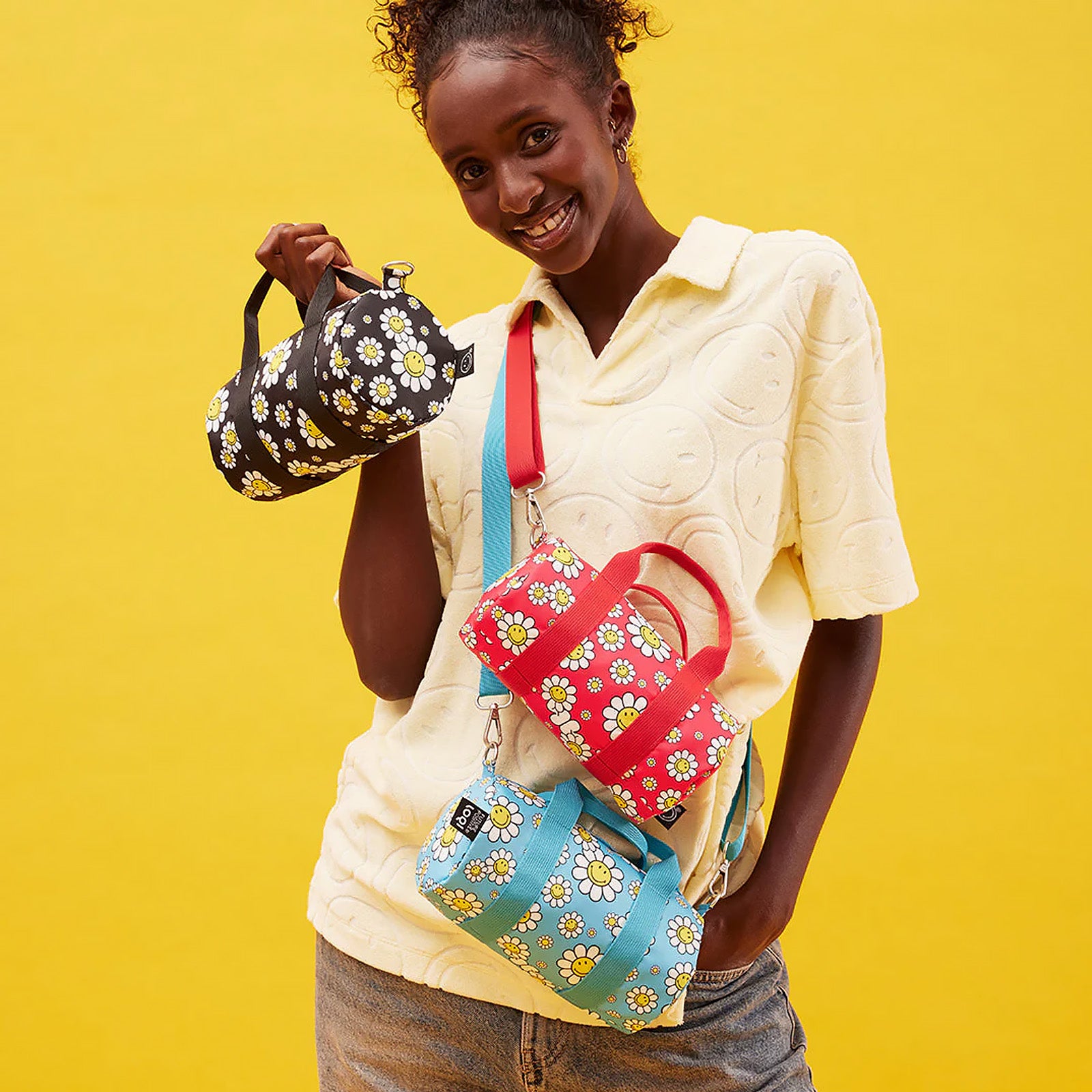 LOQI Girls SMILEY Flowers Recycled Small Weekender, Handbag, Crossbody Bag, Sling Bag