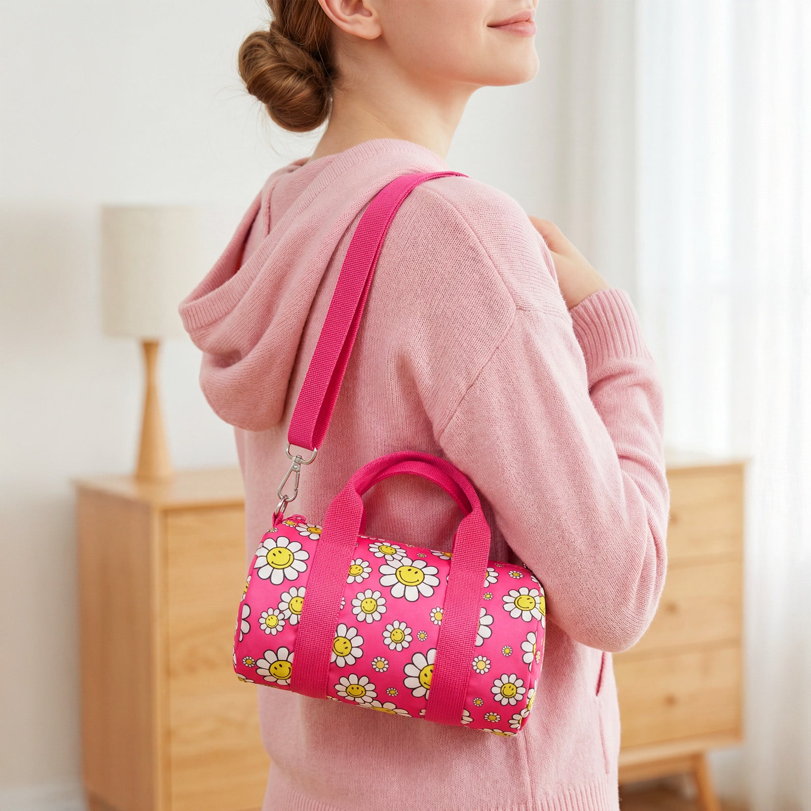 LOQI Girls SMILEY Flowers Recycled Small Weekender, Handbag, Crossbody Bag, Sling Bag