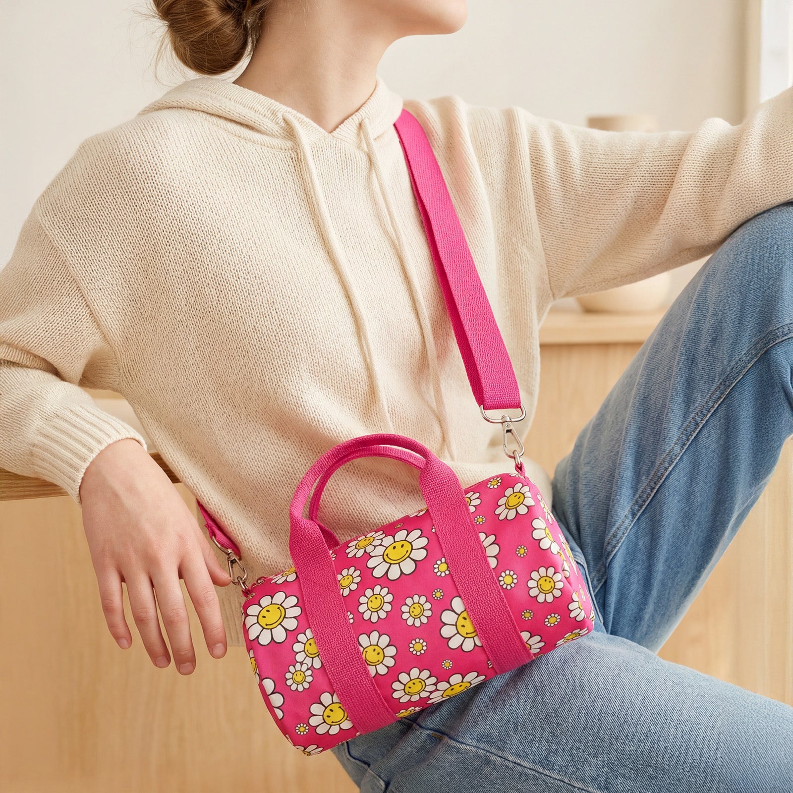 LOQI Girls SMILEY Flowers Recycled Small Weekender, Handbag, Crossbody Bag, Sling Bag