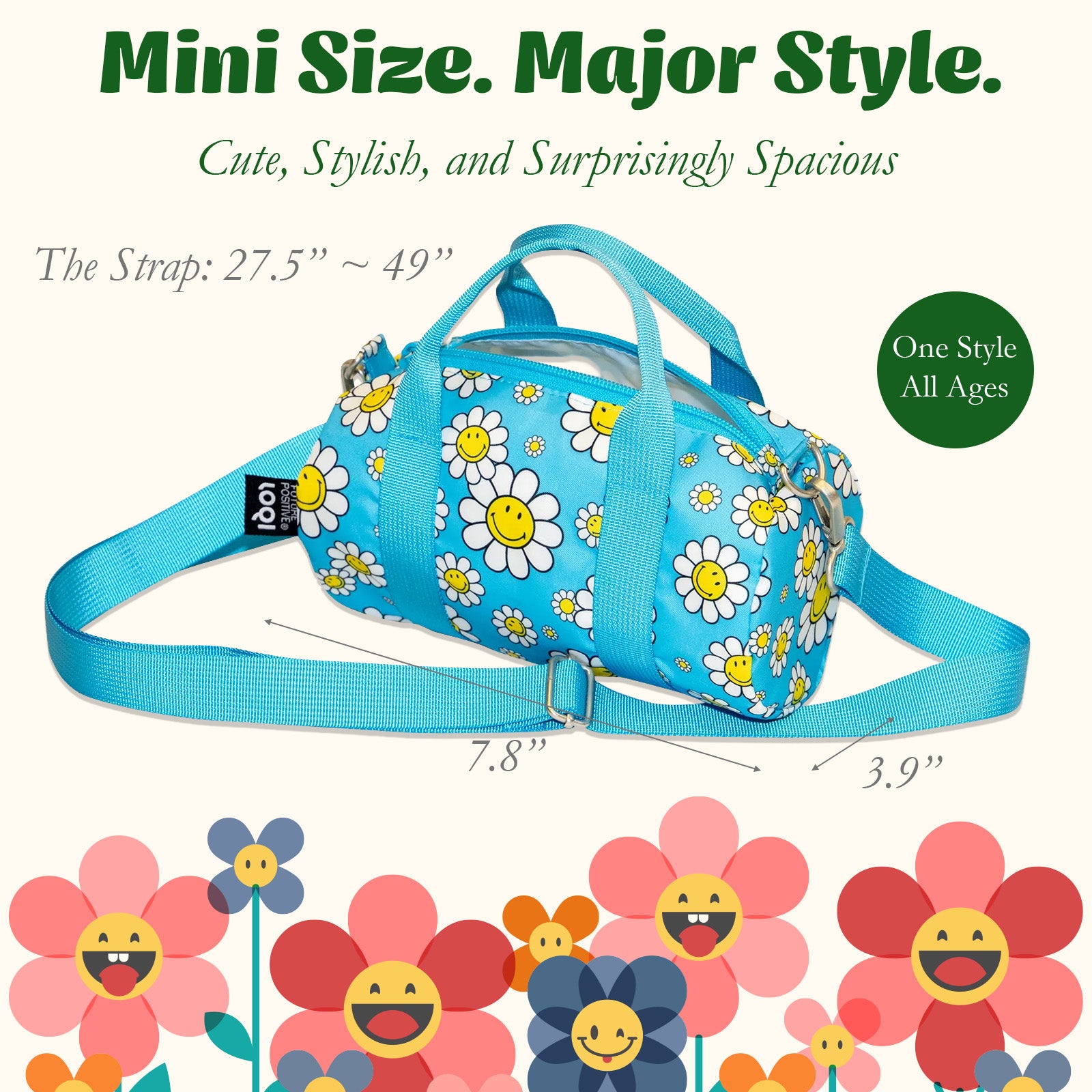 LOQI Girls SMILEY Flowers Recycled Small Weekender, Handbag, Crossbody Bag, Sling Bag