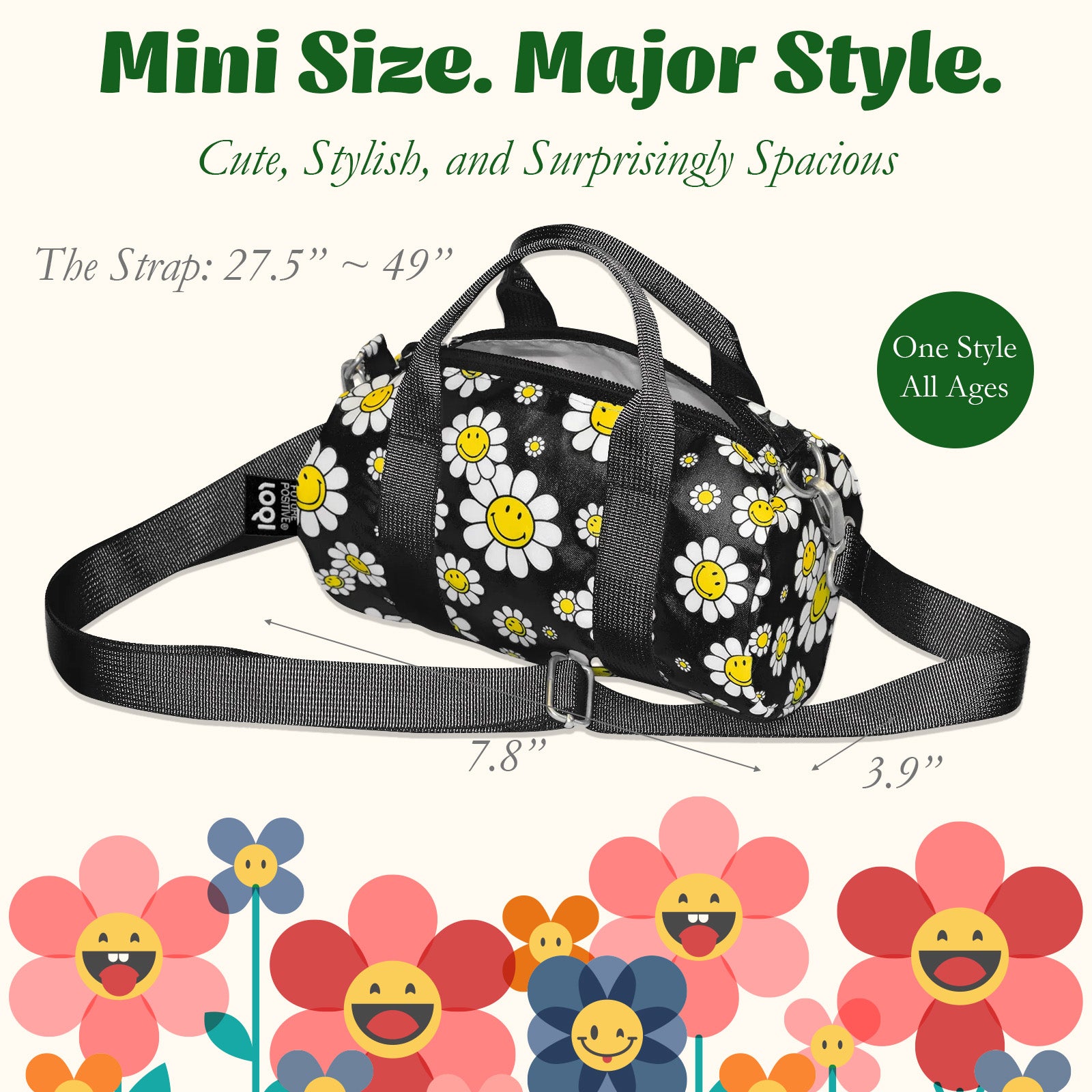 LOQI Girls SMILEY Flowers Recycled Small Weekender, Handbag, Crossbody Bag, Sling Bag