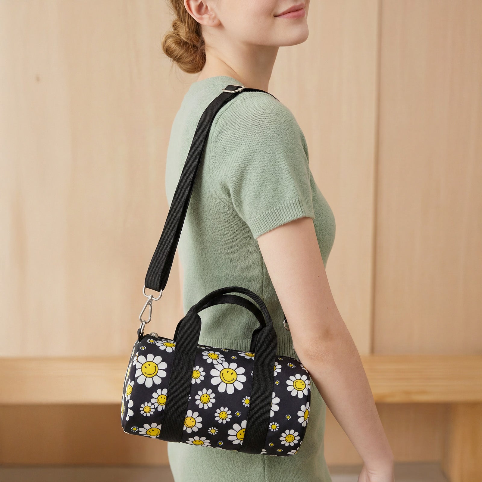 LOQI Girls SMILEY Flowers Recycled Small Weekender, Handbag, Crossbody Bag, Sling Bag