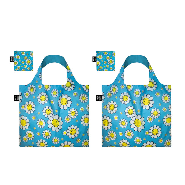 LOQI SMILEY Flowers Recycled Reusable Shopping Bag, Tote Bag Lunch Bag, Book Bag (Set of 2), Small, Aquarius