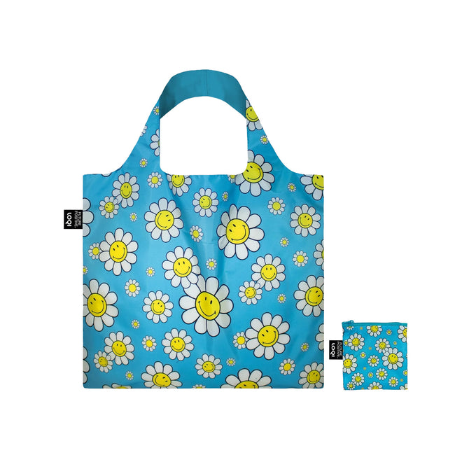 LOQI SMILEY Flowers Recycled Reusable Shopping Bag, Tote Bag Lunch Bag, Book Bag, Small, Aquarius