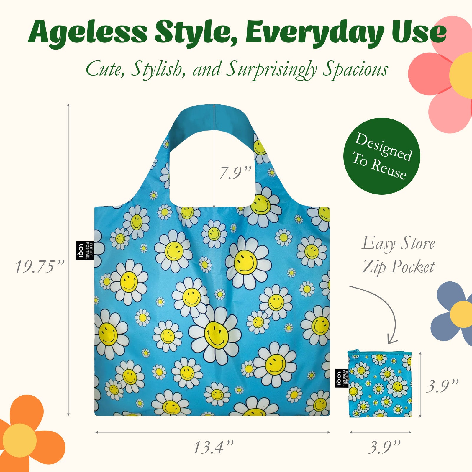 LOQI SMILEY Flowers Recycled Reusable Shopping Bag, Tote Bag Lunch Bag, Book Bag (Set of 2), Small, Aquarius