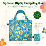 LOQI SMILEY Flowers Recycled Reusable Shopping Bag, Tote Bag Lunch Bag, Book Bag (Set of 2), Small, Aquarius