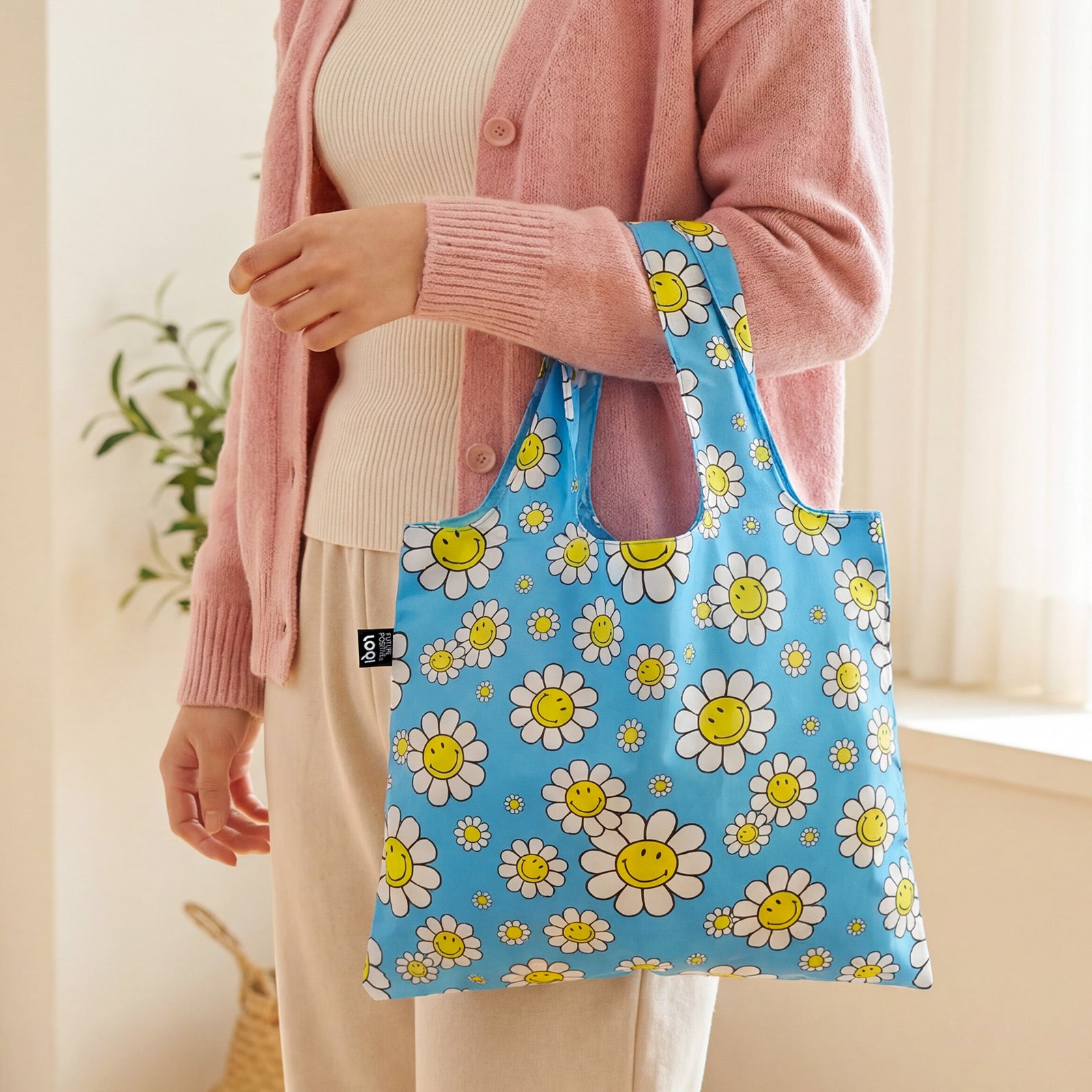 LOQI SMILEY Flowers Recycled Reusable Shopping Bag, Tote Bag Lunch Bag, Book Bag (Set of 2), Small, Aquarius