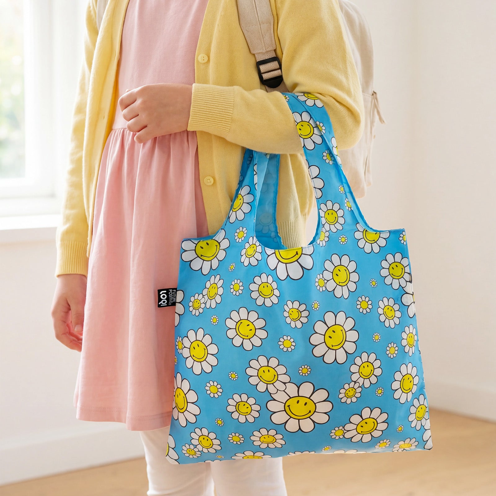LOQI SMILEY Flowers Recycled Reusable Shopping Bag, Tote Bag Lunch Bag, Book Bag (Set of 2), Small, Aquarius