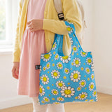 LOQI SMILEY Flowers Recycled Reusable Shopping Bag, Tote Bag Lunch Bag, Book Bag (Set of 2), Small, Aquarius