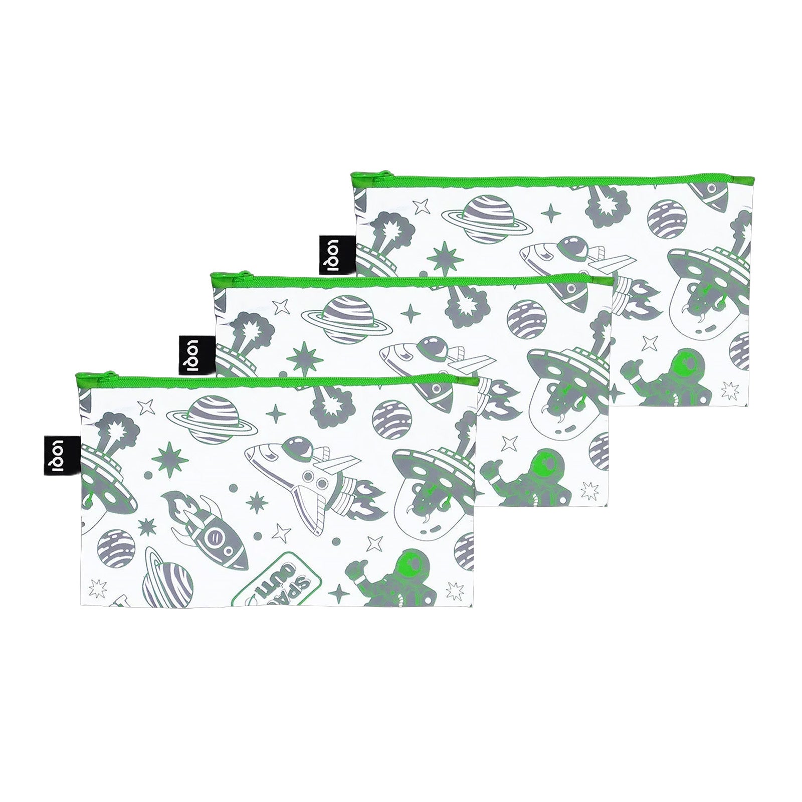 LOQI Kids SPACE Out Reflective Mini Zip Pocket, Pencil Pouch, Snack Bag, Travel Pouch (Set of 3)