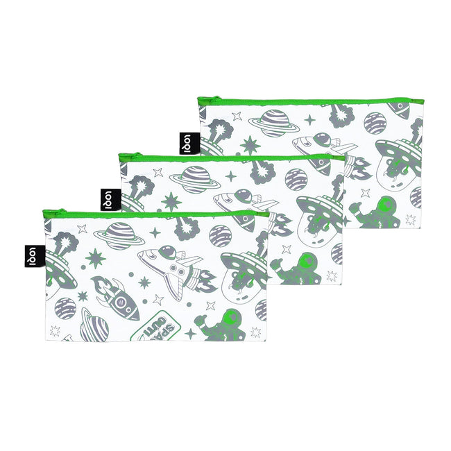 LOQI Kids SPACE Out Reflective Mini Zip Pocket, Pencil Pouch, Snack Bag, Travel Pouch (Set of 3)