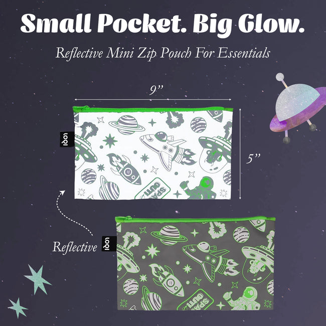 LOQI Kids SPACE Out Reflective Mini Zip Pocket, Pencil Pouch, Snack Bag, Travel Pouch (Set of 3)