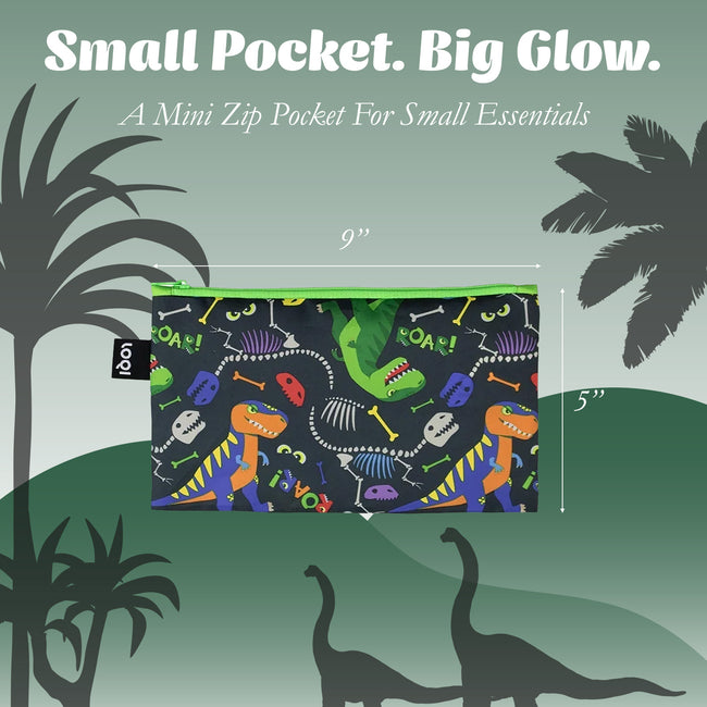 LOQI Kids DINOSAUR Roar Recycled Mini Zip Pocket, Pencil Pouch, Snack Bag, Travel Pouch (Set of 3)