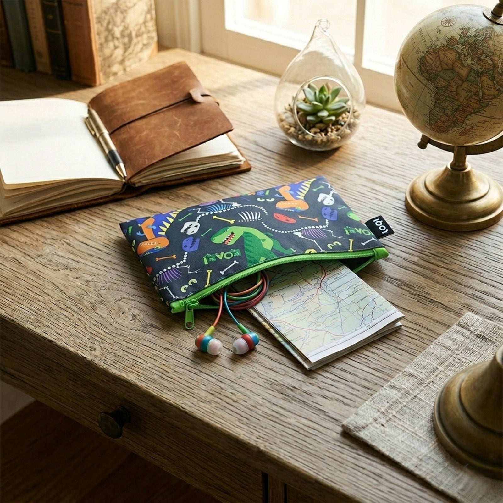 LOQI Kids DINOSAUR Roar Recycled Mini Zip Pocket, Pencil Pouch, Snack Bag, Travel Pouch (Set of 3)