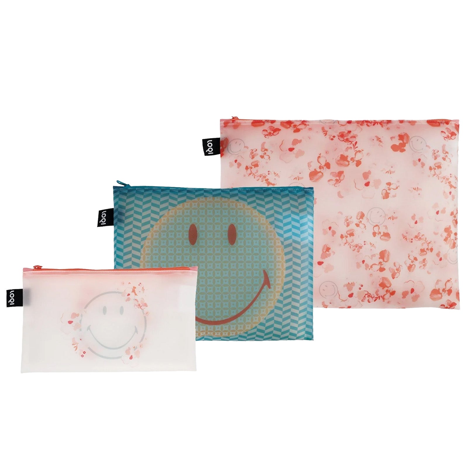 LOQI SMILEY TRANSPARENT Milky Blossom Zip Pockets, Travel Pouches