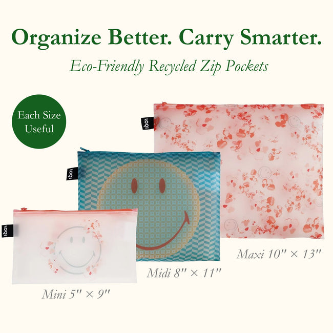 LOQI SMILEY TRANSPARENT Milky Blossom Zip Pockets, Travel Pouches