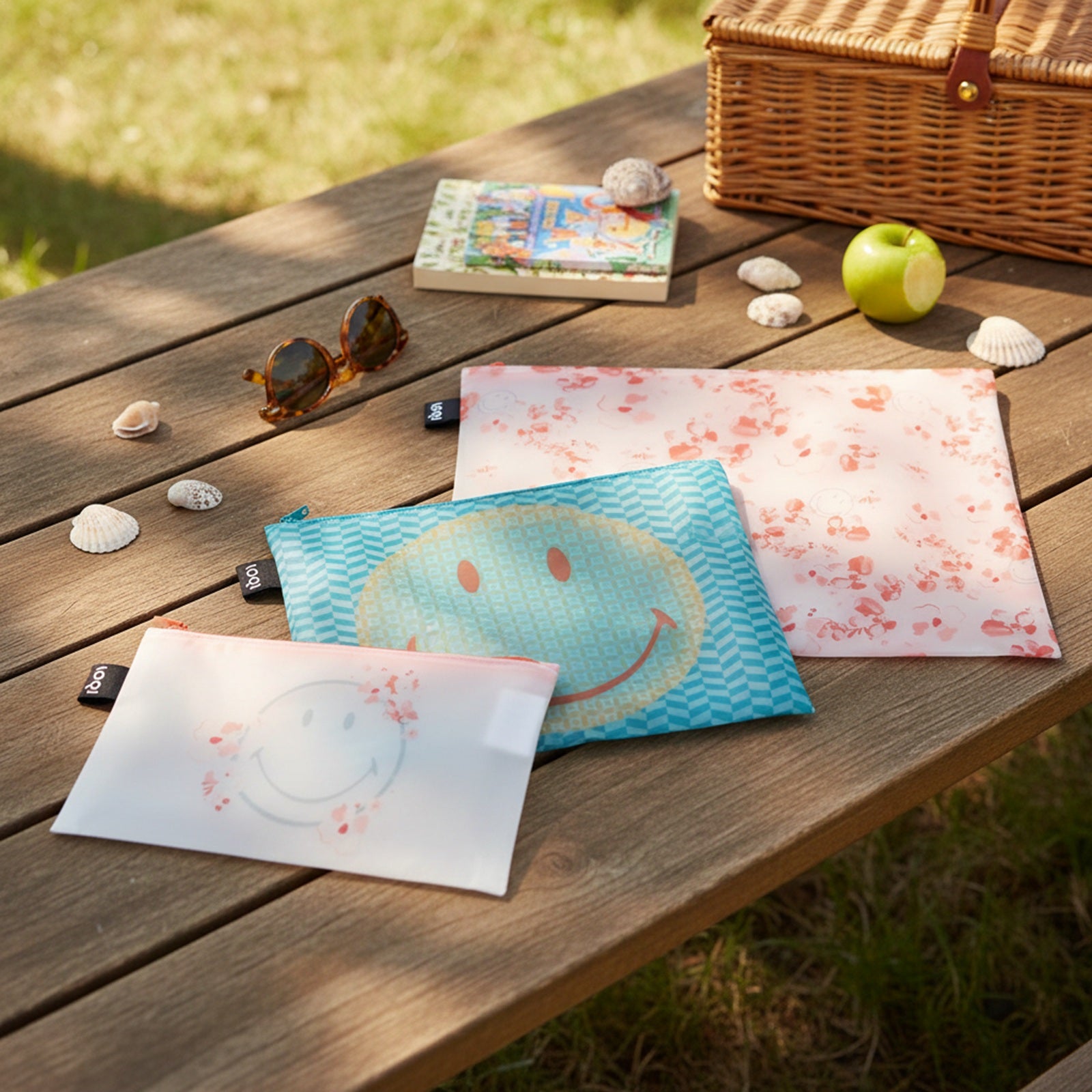 LOQI SMILEY TRANSPARENT Milky Blossom Zip Pockets, Travel Pouches