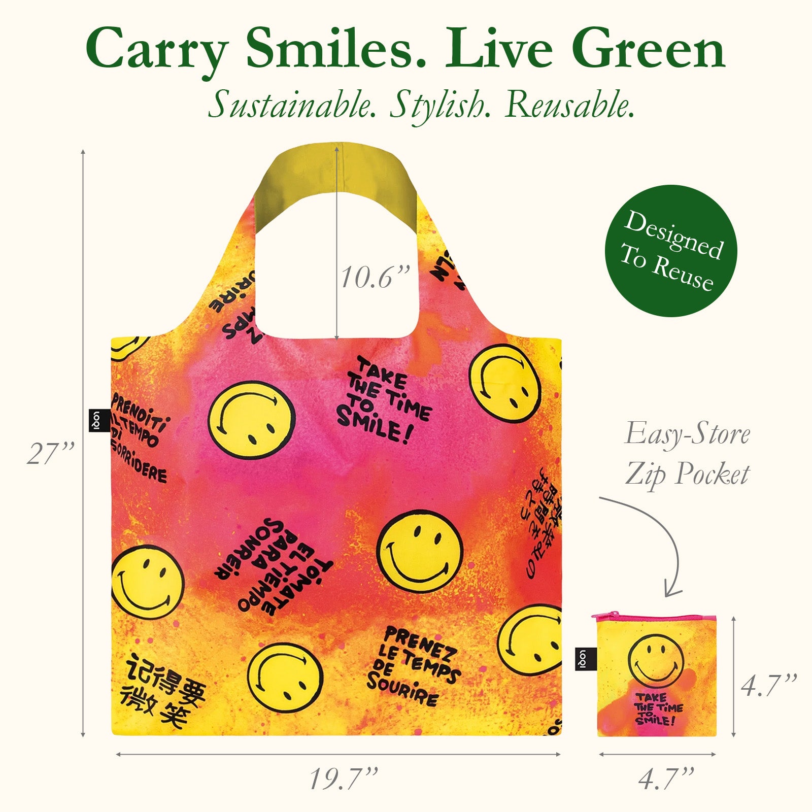 LOQI SMILEY Take The Time To Smile Recycled Reusable Shopping Bag (Set of 2)