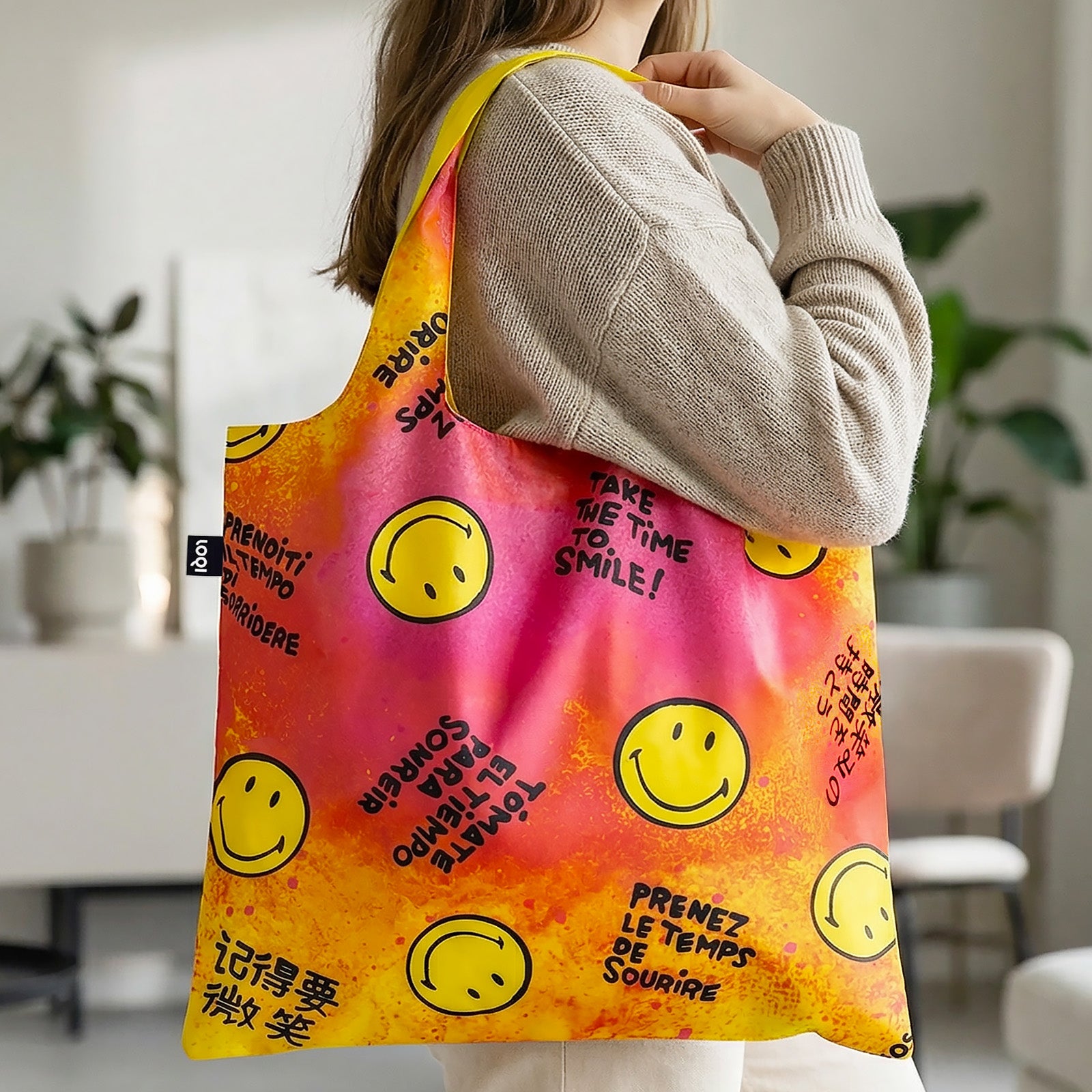 LOQI SMILEY Take The Time To Smile Recycled Reusable Shopping Bag (Set of 2)