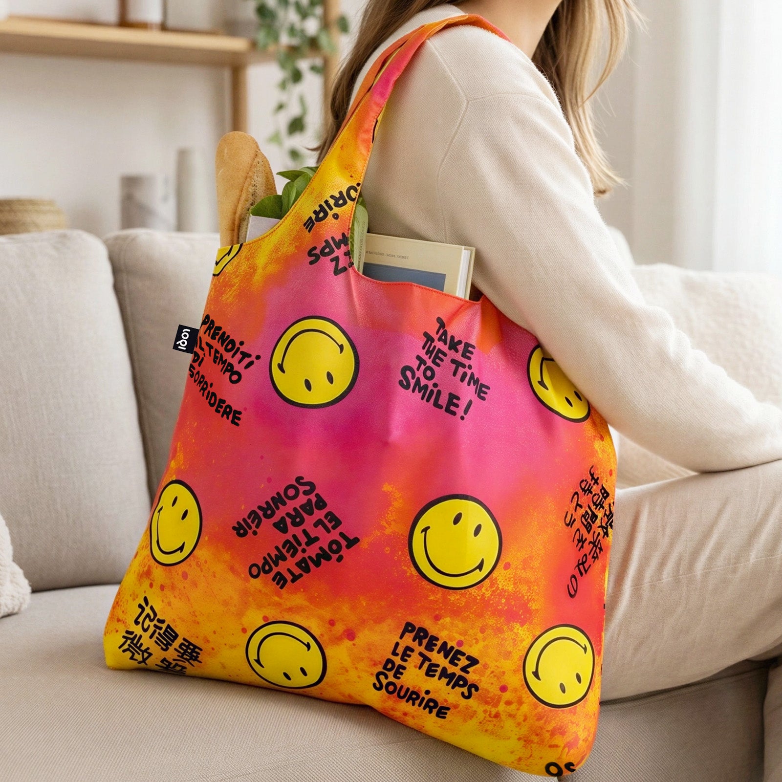 LOQI SMILEY Take The Time To Smile Recycled Reusable Shopping Bag (Set of 2)
