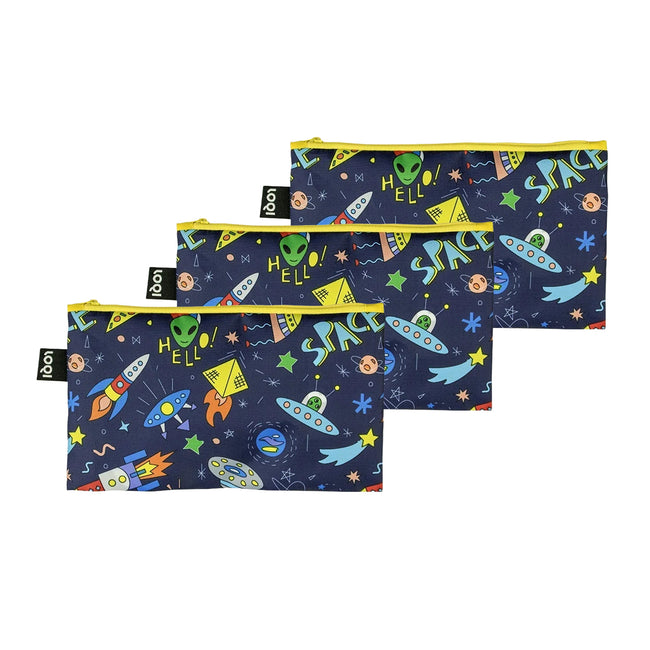 LOQI Kids SPACE Ufo Recycled Mini Zip Pocket, Pencil Pouch, Snack Bag, Travel Pouch (Set of 3)