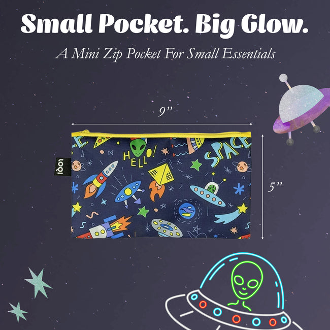 LOQI Kids SPACE Ufo Recycled Mini Zip Pocket, Pencil Pouch, Snack Bag, Travel Pouch (Set of 3)