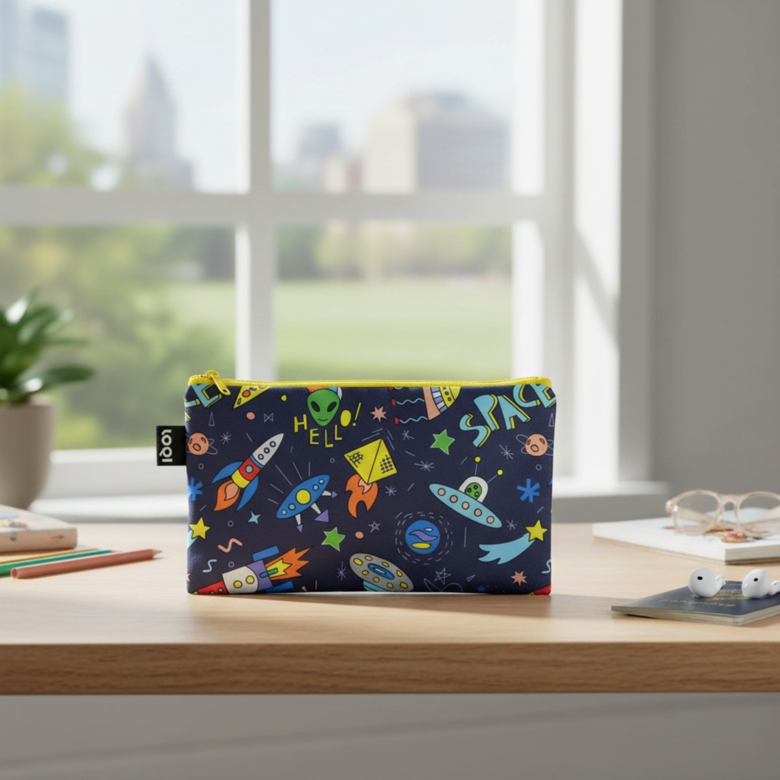 LOQI Kids SPACE Ufo Recycled Mini Zip Pocket, Pencil Pouch, Snack Bag, Travel Pouch (Set of 3)