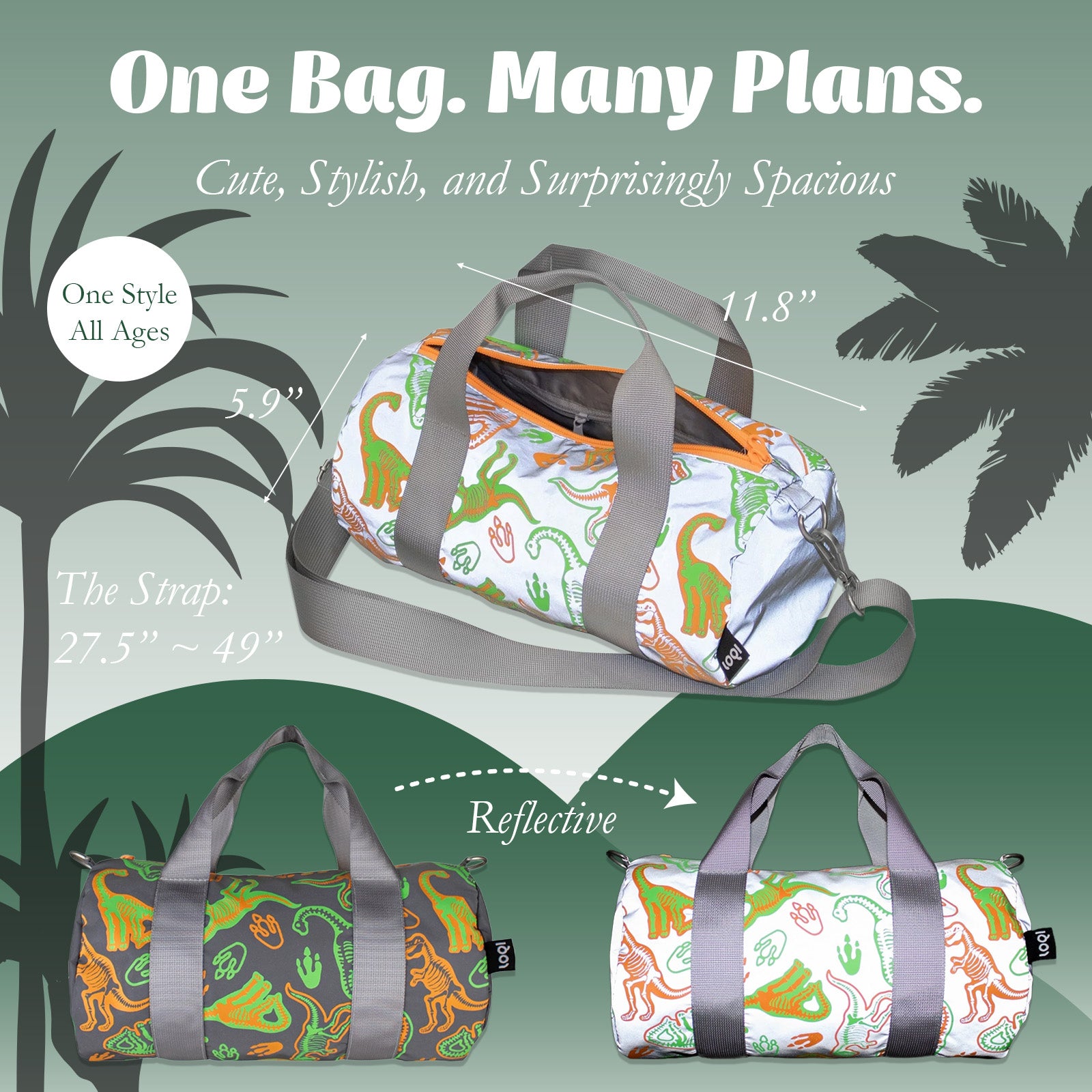 LOQI Kids DINOSAUR Skeleton Reflective Medium Weekender, Tote Bag, Crossbody Bag