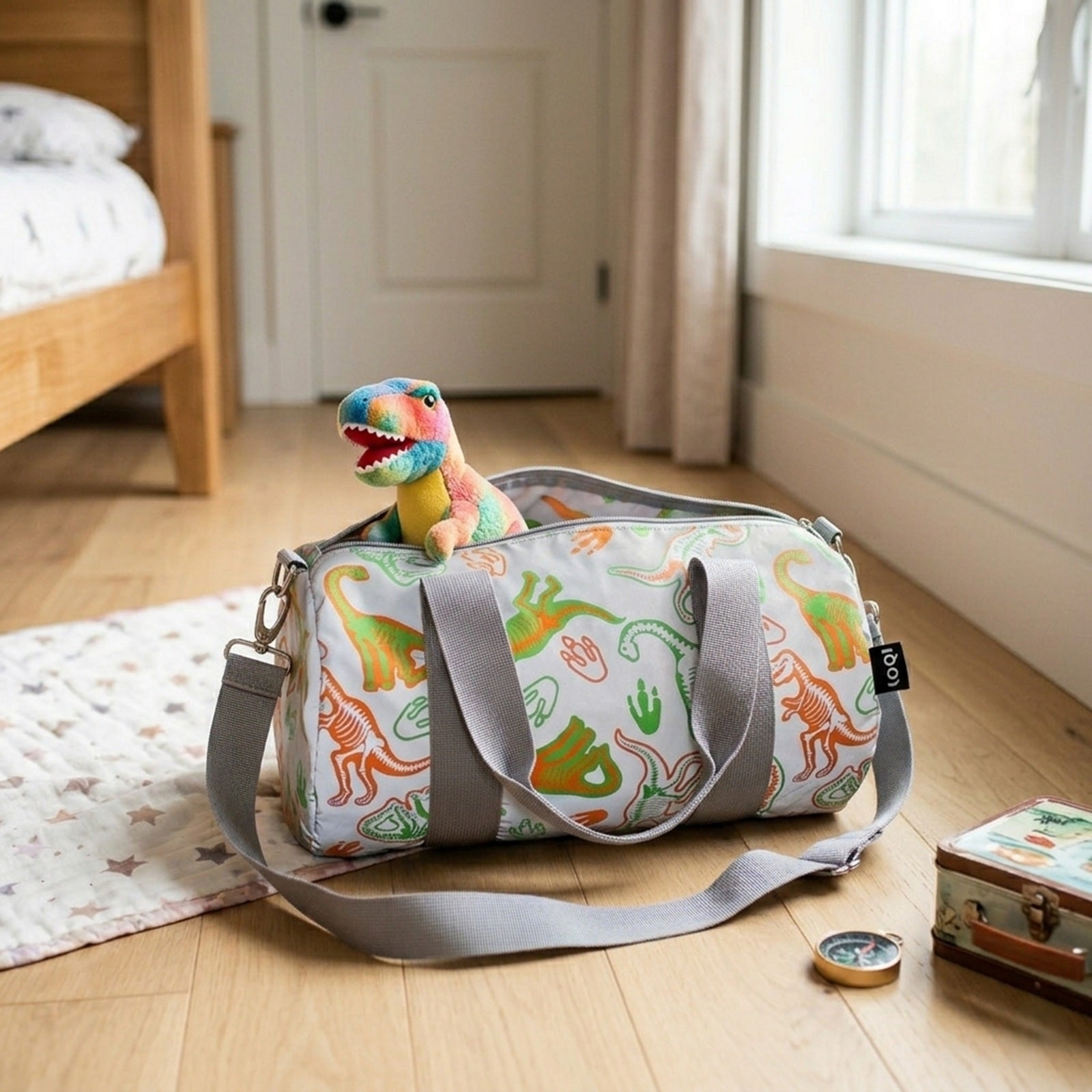 LOQI Kids DINOSAUR Skeleton Reflective Medium Weekender, Tote Bag, Crossbody Bag