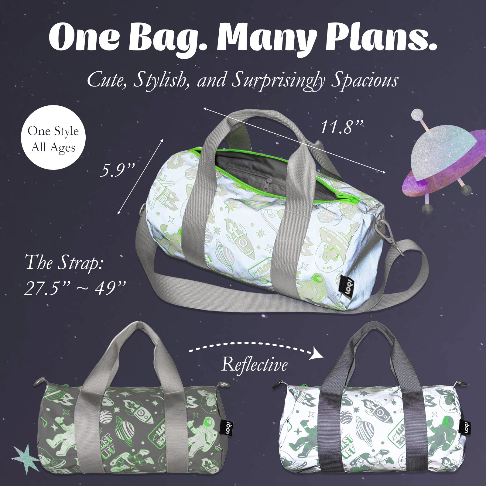 LOQI Kids SPACE Out Reflective Medium Weekender, Tote Bag, Crossbody Bag