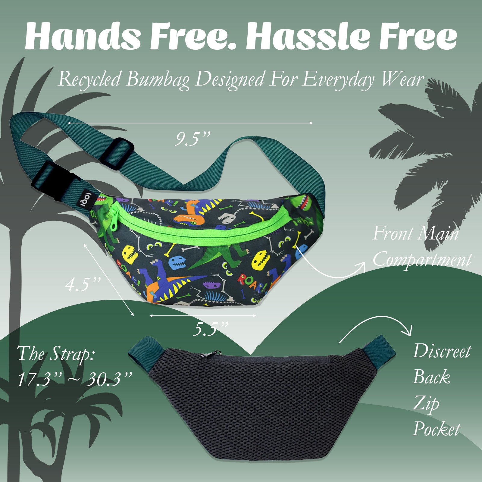 Kids Fanny Pack, Crossbody Bag, Sling Bag, LOQI DINOSAUR Roar Recycled Medium Bumbag, Belt Bag