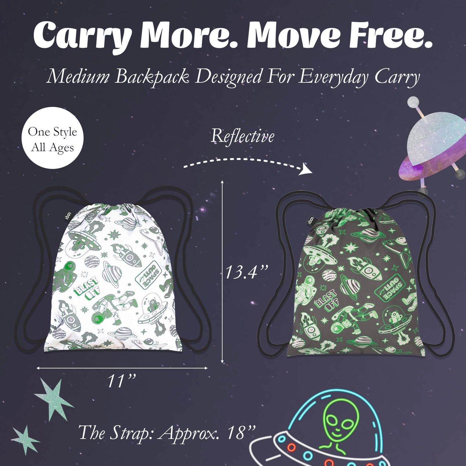 LOQI Kids SPACE Out Reflective Medium Backpack, Drawstring Bag