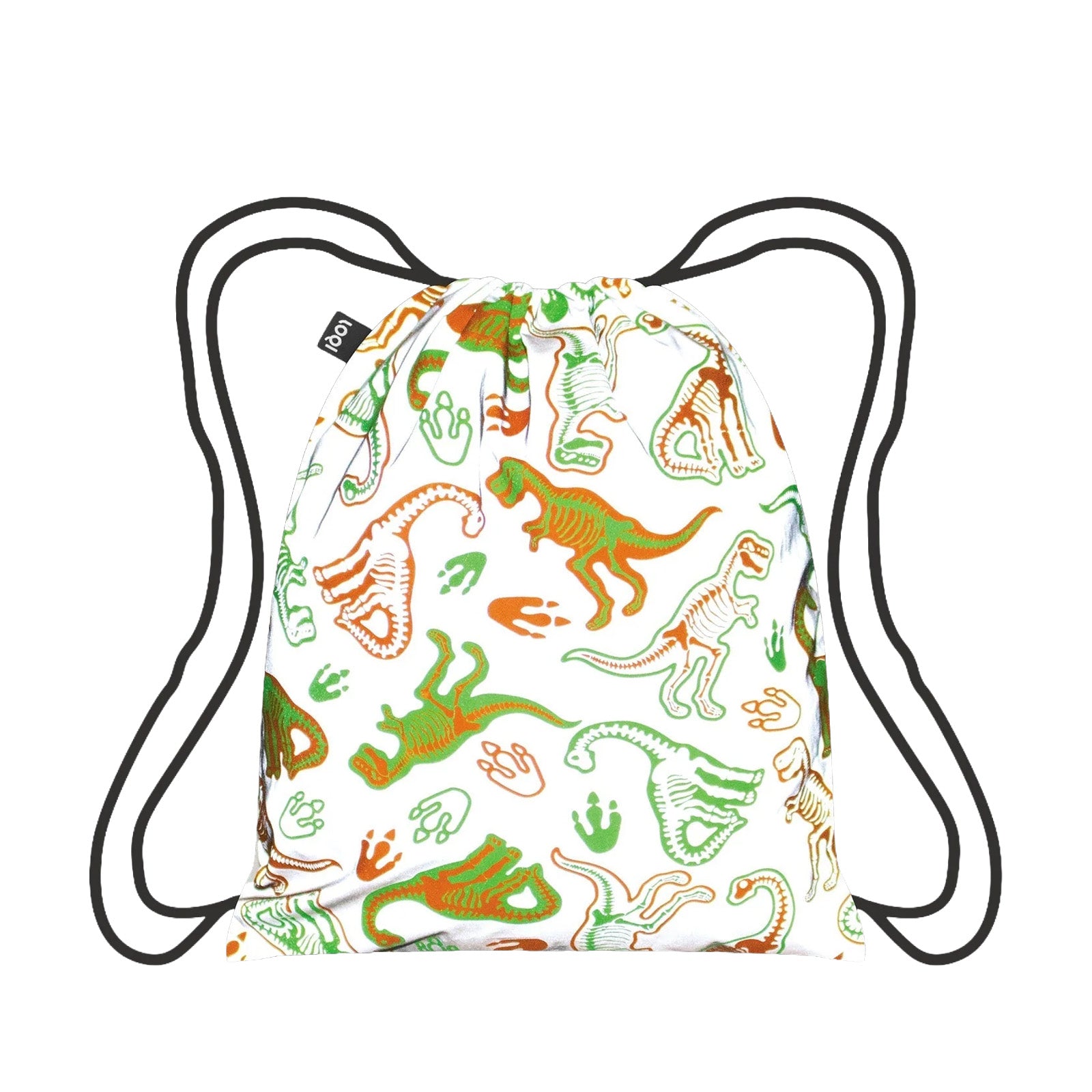 LOQI Kids DINOSAUR Skeleton Reflective Medium Backpack, Drawstring Bag