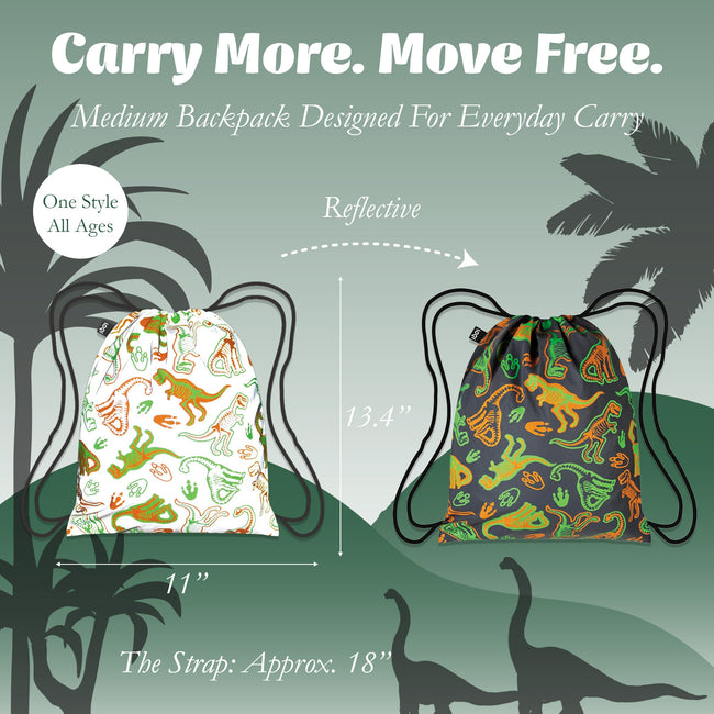 LOQI Kids DINOSAUR Skeleton Reflective Medium Backpack, Drawstring Bag