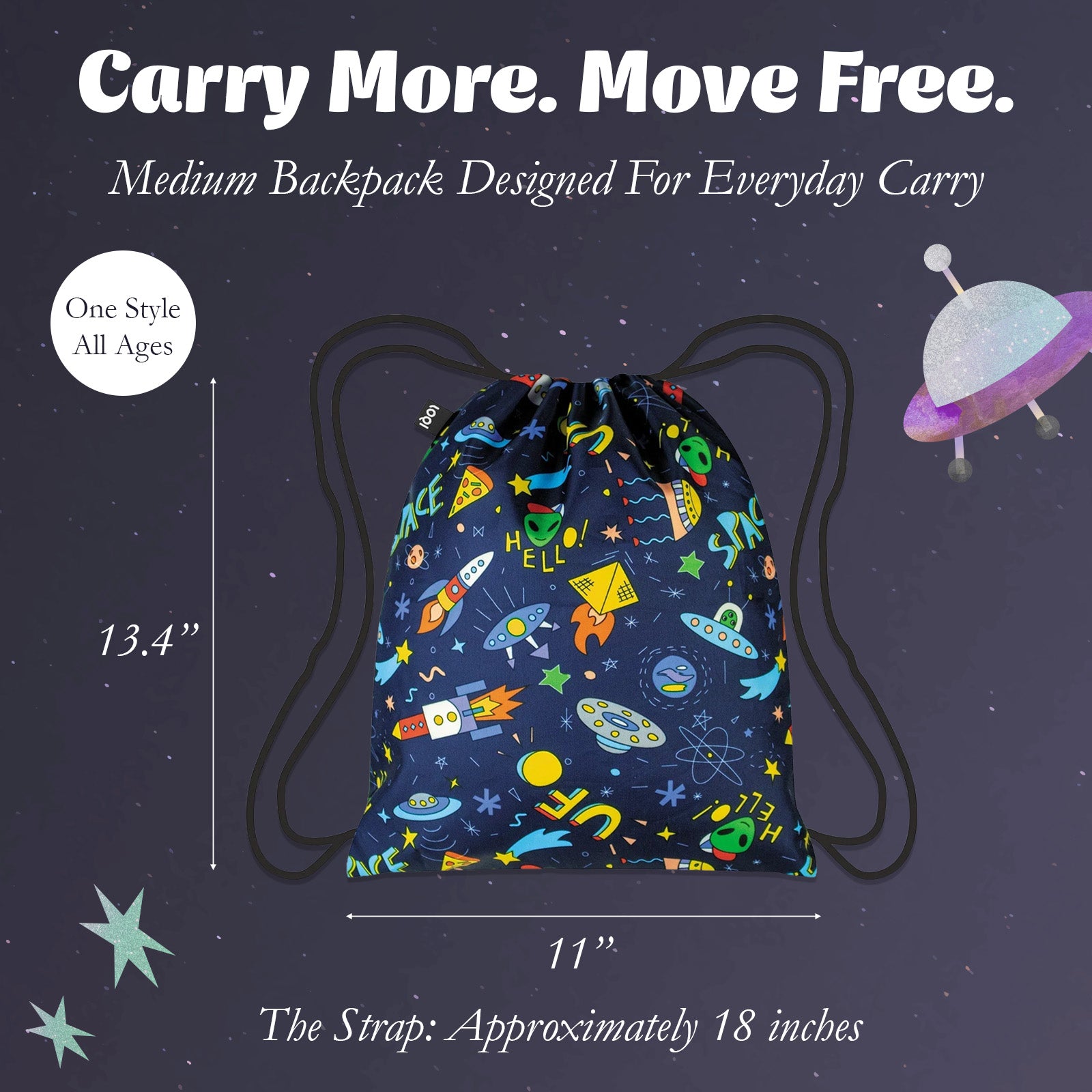 LOQI Kids SPACE Ufo Recycled Medium Backpack, Drawstring Bag