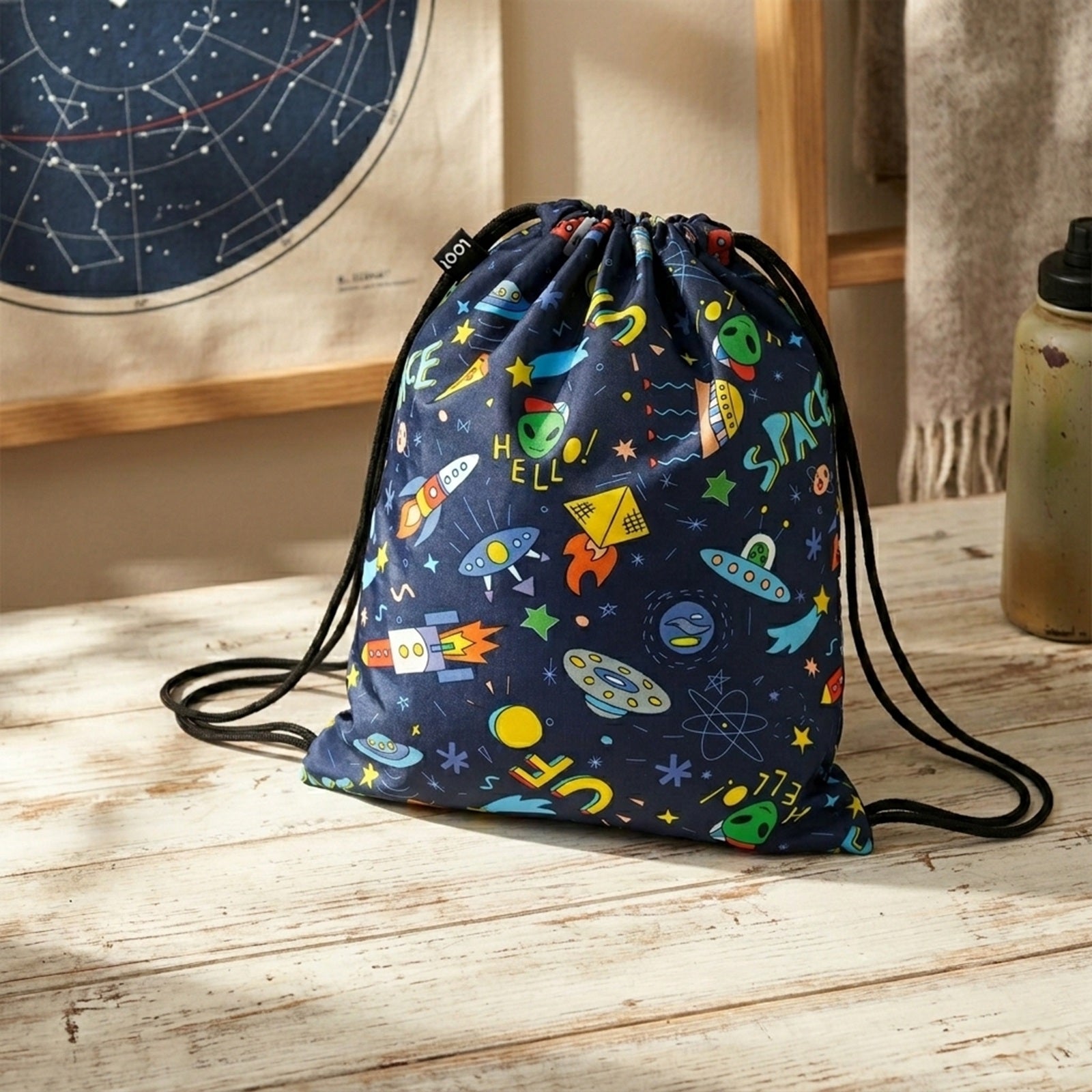 LOQI Kids SPACE Ufo Recycled Medium Backpack, Drawstring Bag
