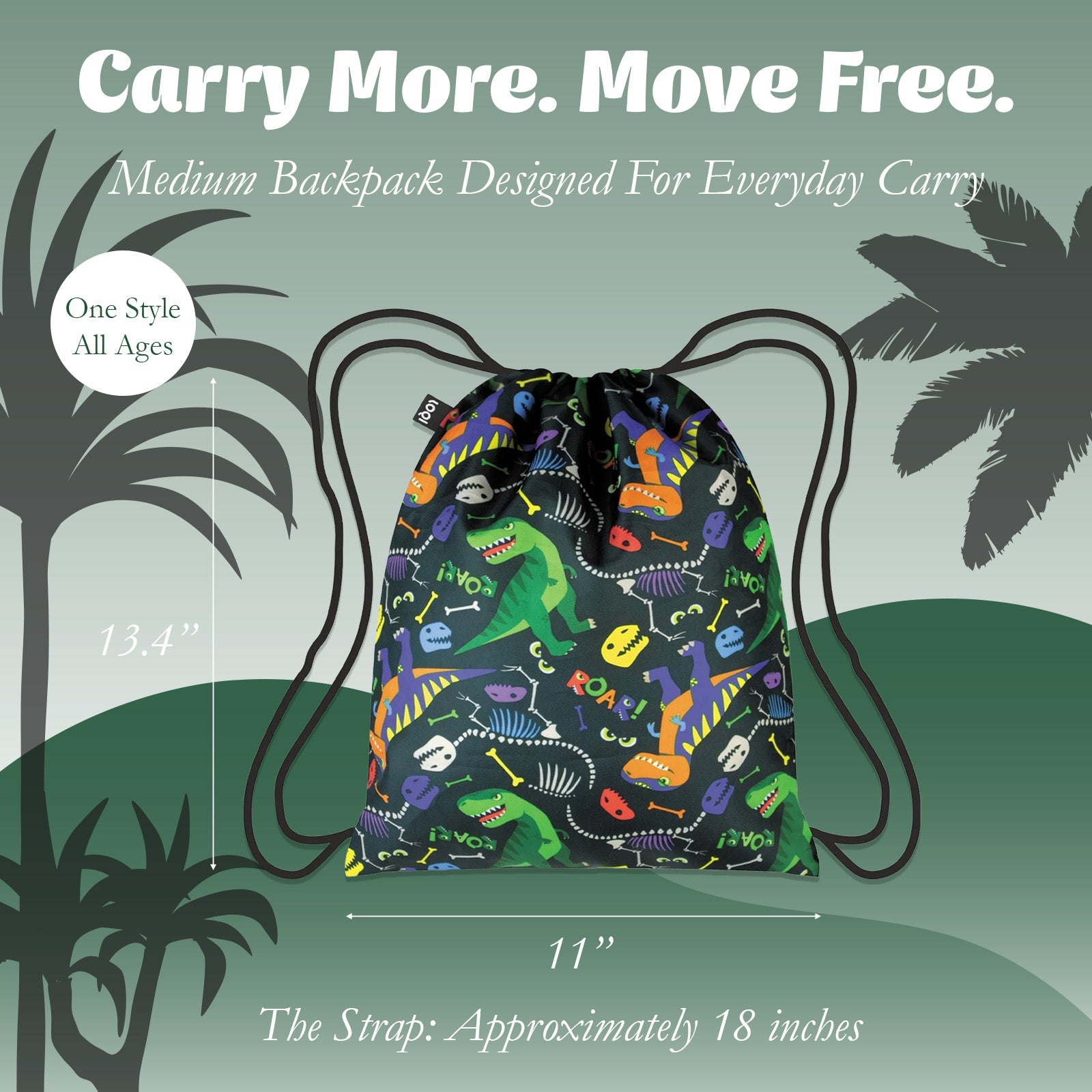 LOQI Kids DINOSAUR Roar Recycled Medium Backpack, Drawstring Bag